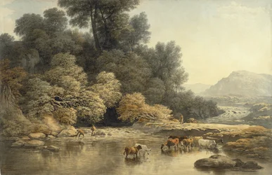 Kupert landskap med elv og storfe, ca. 1810 (wc over grafitt på vevd papir)
