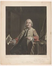 Portrett av Simon Fokke med i hånden avtrykket av plyndringen av huset til Gerrit Hagedooren, 1751