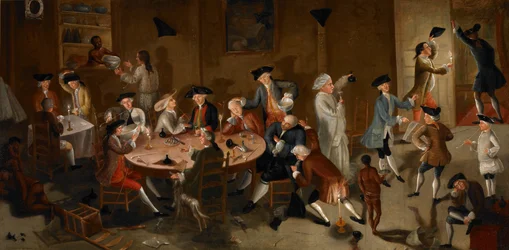 Sjøkapteiner fester i Surinam, ca. 1752–58 (olje på sengeteppe)