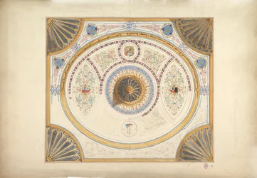 Design for tak med to portretter og viftestøtter ved hjørner, 1800-tallet.