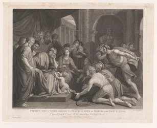 Pyrrhus brakt til kong Glaucias som barn for beskyttelse Pyrrhus når et barn bringer til Glaucias King of Illyria for beskyttelse (tittel på objekt) Hovedmalerier av England (serietittel) The Most Capital Paintings in England (serie tit