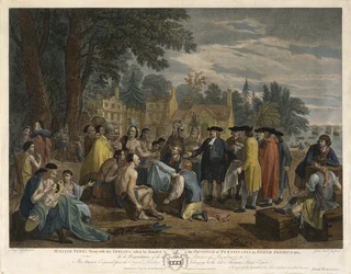 William Penns traktat med indianerne, 1775 (gravering og etsing med akvarell på lagt papir)