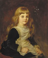 Portrett av Sophie Beatrix Mary Cadogan, sittende i trekvart figur, i en svart kjole med blondekantet forkle