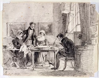 Familiegruppe sying og lesing, 10. oktober 1823 (penn og blekk på papir)