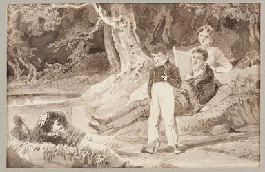 Fire figurer blant trærne på en varm dag, 1807 (wc på papir)