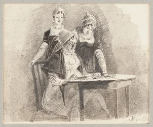 Tre ved et bord, en sittende, 1807 (blyant og vask på papir)