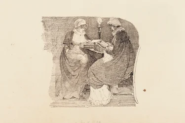 To kvinner som leser ved lampelys, 1804 (penn og blekk på papir)