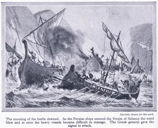 Slaget ved Salamis: Da de persiske skipene seilte inn i Salamis-stredene, blåste vinden, og de ble vanskelige å manøvrere, ca. 1950