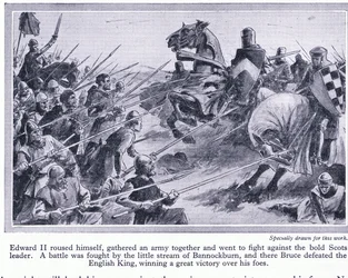 Edward II samlet en hær og kjempet et slag ved Bannockburn 1314 AD, hvor Bruce beseiret engelskmennene, ca. 1950