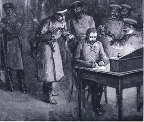 Prins Alexander undertegner sin abdikasjon i 1886, illustrasjon fra Hutchinsons Nasjonenes historie, bind 4, ca. 1920-årene