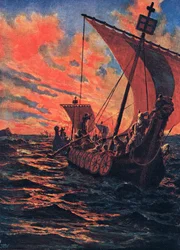 Vikingenes tilbakekomst, illustrasjon fra «Hutchinsons nasjonenes historie», tidlig på 1900-tallet