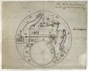 Tegning av oppbygningen av urverket i H4-tidtakeren av John Harrison (1693-1776), ca. 1759