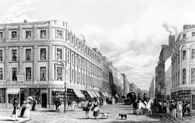 Market Street fra Market Place, Manchester, gravert av Frederick James Havell, 1829