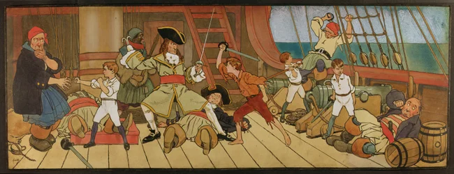De fortapte guttene i kamp med piratene og Peter i den siste duellen med kaptein Krok, illustrasjon fra Peter Pan, ca. 1906