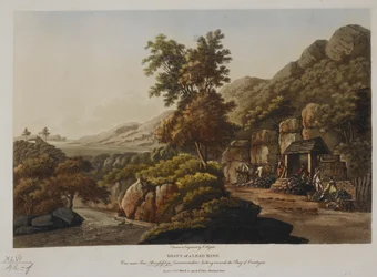 Skaft til en blygruve. Utsikt nær Pont Aberglaslyn, Carnarvonshire, med utsikt mot Bay of Cardigan, publisert i 1798 (farget gravering)