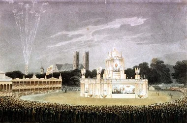 Fyrverkeri som ble holdt i Green Park for å feire nederlaget til Napoleon, gravert av puben Matthew Dubourg. 1814 (gravering)