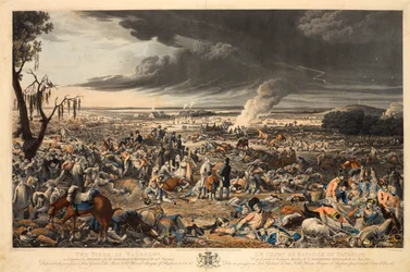 "The Field of Waterloo, slik den så ut morgenen etter det minneverdige slaget den 18. juni 1815" (akvatint, farget)
