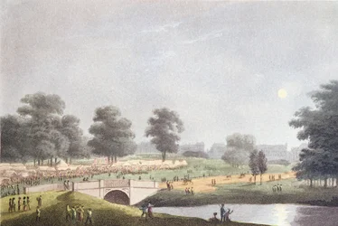 The View of the Fair i Hyde Park, gravert av Matthew Dubourg, 1. august 1814 (farget gravering)