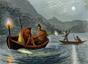 Torch Light Fishing in North America, gravert av H. Merke (fl.c.1800-20), utgitt av Edward Orme, 1813