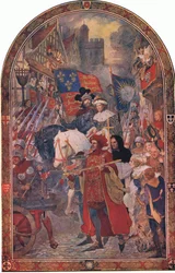 Henrik VI. Battle of Barnet 1471: De trente bandene marsjerte til støtte fra Edward IV, fra Cassells History of the British People utgitt av Waverley Book Company Limited, ca. 1940 (farge lith)