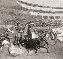 En tyrefekting i Sevilla, Spania, fra «The Century Illustrated Monthly Magazine», utgitt 1884 (tresnitt)