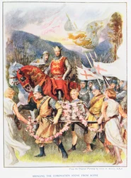 Overføringen av kroningssteinen fra Scone, illustrasjon fra «Stories of Royal Children from English Stories» av Doris Ashley, utgitt ved Raphael Tuck, 1920