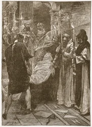 The Burial of King Ethelbert of Kent, illustrasjon fra 'The Church of England: A History for the People' av HDM Spence-Jones, pub. ca. 1910 (litho) (sepia-bilde)