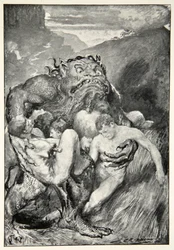 Ondskapens Daemon, med sin voldsomme raving, grep dem grådig, fra "Hero Myths and Legends of the British Race" av M.I. Ebbutt, 1910