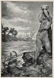 Thorbion løftet den enorme steinen, fra 'Hero Myths and Legends of the British Race' av MI Ebbutt, 1910