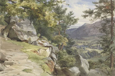 Utsikt over Craig-y-Barns, Dunkeld, Looking South, 1855 (wc og kroppsfarge på papir)