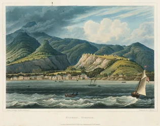 Byen Roseau, Dominique (Caraibes). Litografi (32,2 x 46,6 cm) av løytnant John Herbert Caddy (1801–1883).
