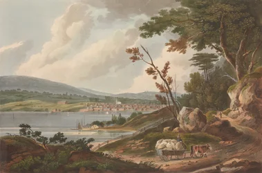 Newburg [Newburgh] nr. 14 av The Hudson River Portfolio, 1825.