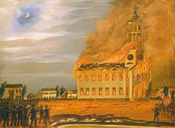 Brenning av Old South Church, Bath, Maine, ca. 1854.