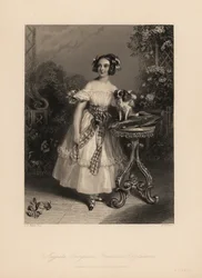 Augusta Georgina Frederica Fitzclarence, datter av Lord Frederic Fitzclarence, uekte sønn av kong William IV. Hun bærer håret i ringlets og bånd, og bærer en off-the-skulder kjole bundet med en sash, holder en King Charles spaniel på en pute