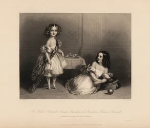 Henrietta Louisa Priscilla og Geraldine Harriet Somerset, døtre til Henry Somerset, 7. hertug av Beaufort. To jenter i off-the-skulder kjoler med bånd, hår i ringlets, leker med et leketøy tesett og ball. Stålstikk av H. Cook etter en ill