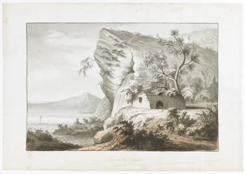 Kystutsikt i New Zealand, med innfødt hytte og en seilkano i bukten, fra 