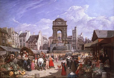 Utsikt over markedet og De uskyldiges fontene i Paris
