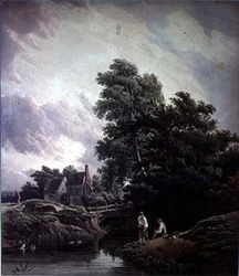 Landskap med vannmølle og figurer