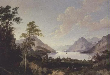 Landskap med innsjø og fjell