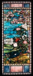 Blomstrende kirsebærtre og peon, vindu fra Frederick Lothrop Ames House, Boston, Massachusetts