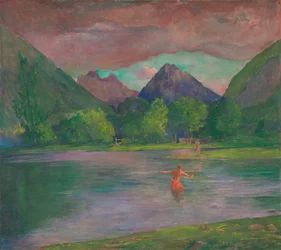 Inngangen til Tautira-elven, Tahiti. Fisker som spyr en fisk