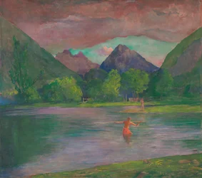 Inngangen til Tautira-elven, Tahiti. Fisherman Spearing a Fish, ca. 1895.