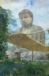 Den store statuen av Amida Buddha ved Kamakura, kjent som Daibutsu..., 1887.