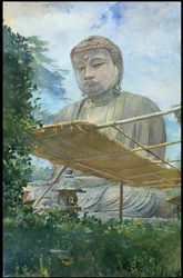 Den store statuen av Amida Buddha i Kamakura, kjent som Daibutsu, fra prestens hage