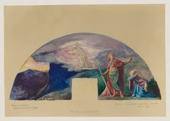 Den moralske og guddommelige loven: Moses mottar loven på Sinai-fjellet; Fargestudie for veggmaleri, Høyesterettssal, Minnesota State Capitol, Saint Paul