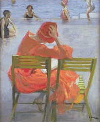 Jente i en rød kjole som leser ved et svømmebasseng