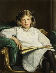 Portrett av Betty, sittende i trekvart lengde og leser en bok