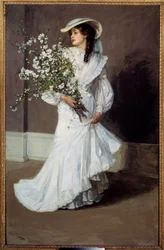 Vår. Allegori over våren: portrett av en kvinne kledd i hvitt med en blomsterbukett. Maleri av Sir John Lavery (1856-1941)