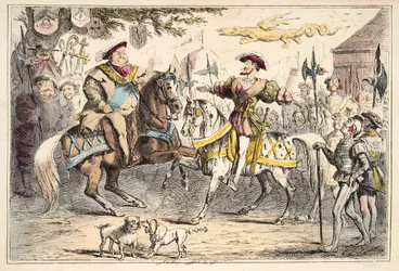 Henry VIII møter Francis I, fra The Comic History of England, pub. 1864 (håndfarget etsning)