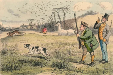 Mr. Jogglebury Crowdey med hunden sin og pistolen sin, ca 1860-tallet.